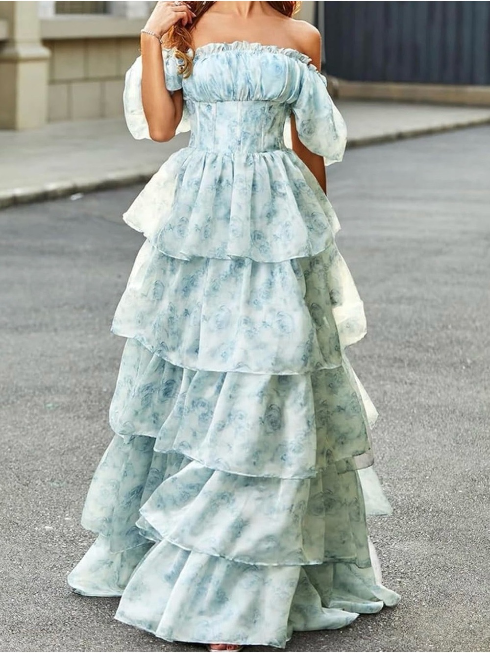 Off-Shoulder Tiered Ruffle Maxi Dress in Dusty/Light Blue